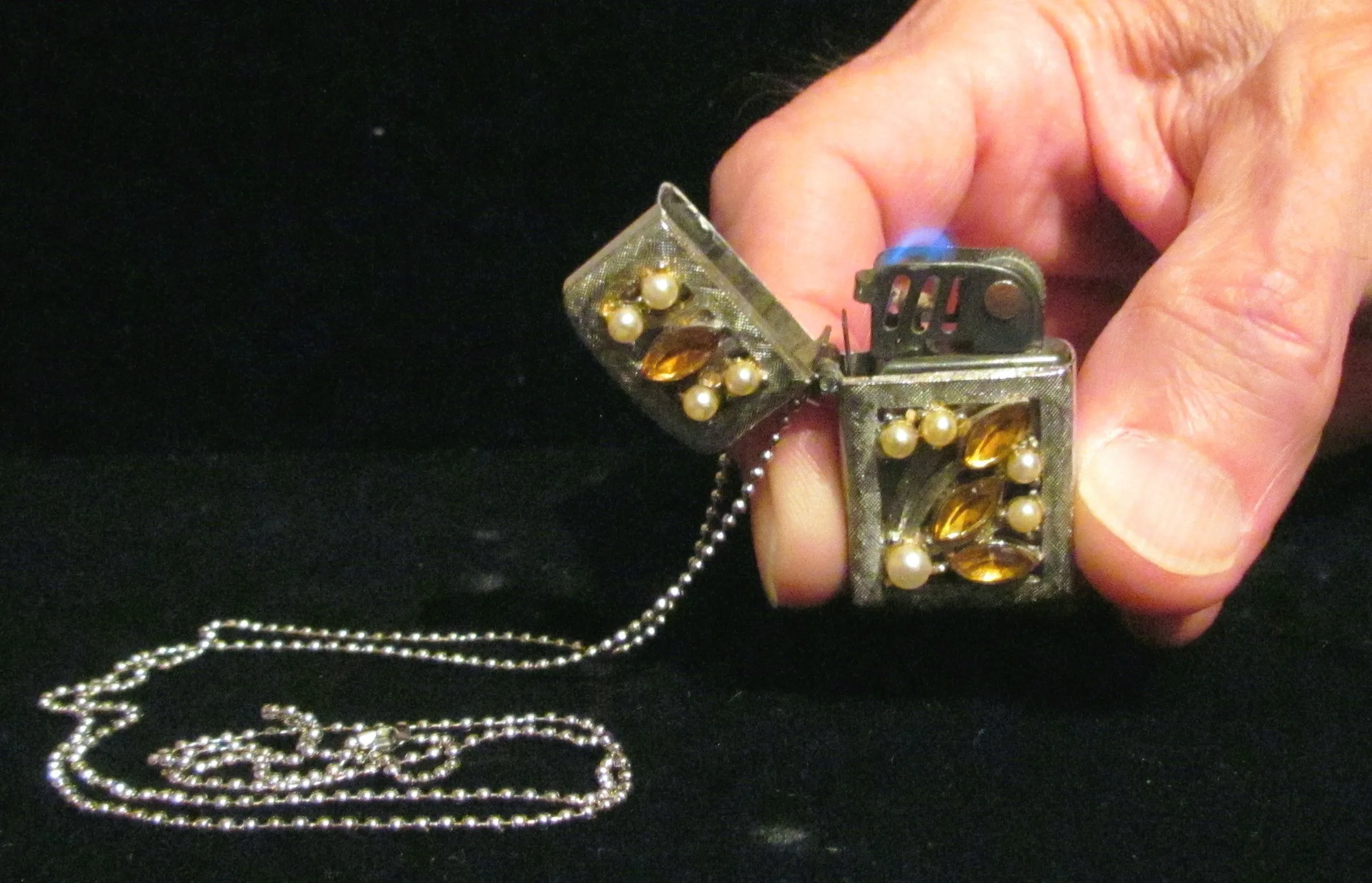 Vintage Rhinestone Lighter Necklace Sam Fink Inc. Sterling Chain Pendant Lighter Working Windproof