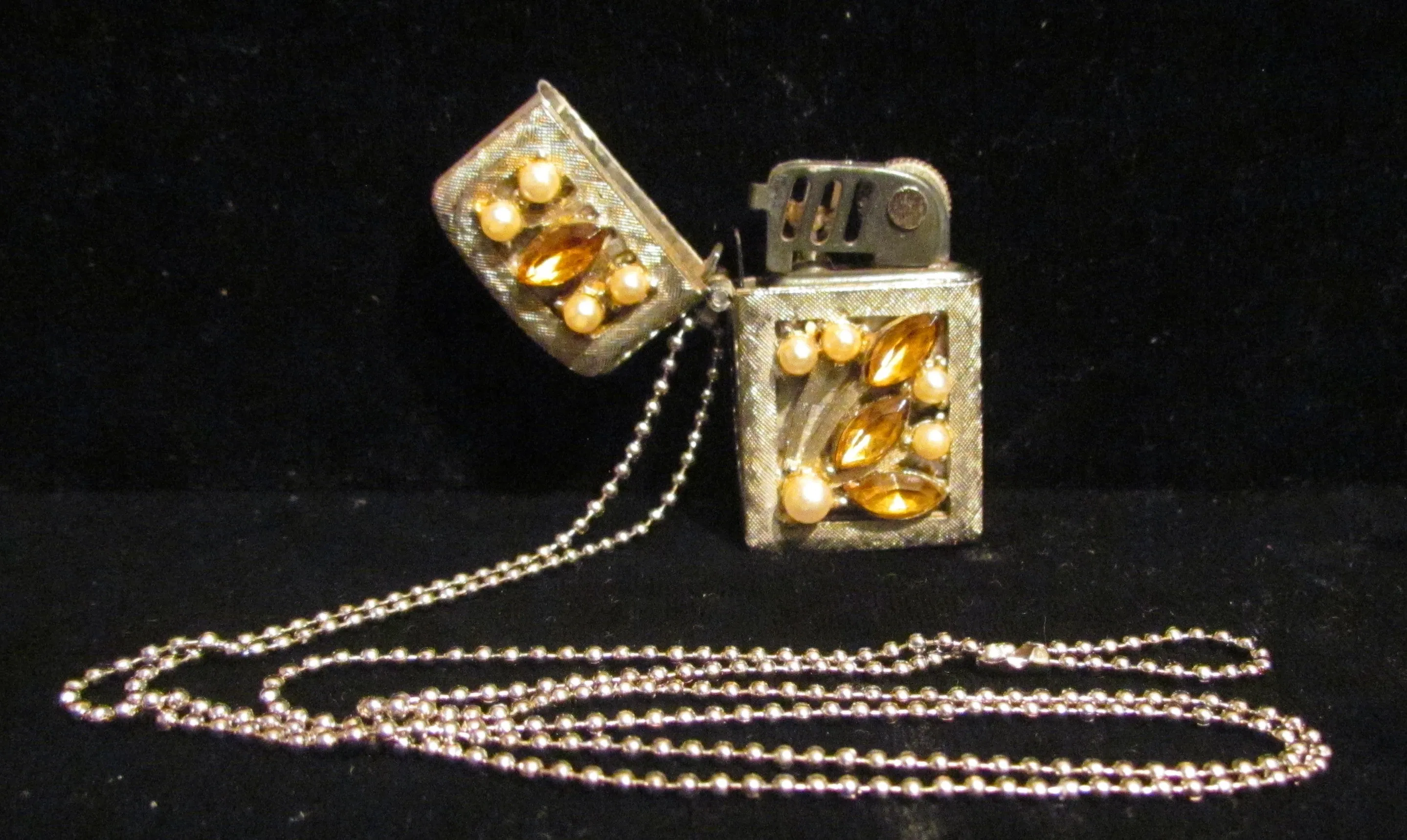 Vintage Rhinestone Lighter Necklace Sam Fink Inc. Sterling Chain Pendant Lighter Working Windproof