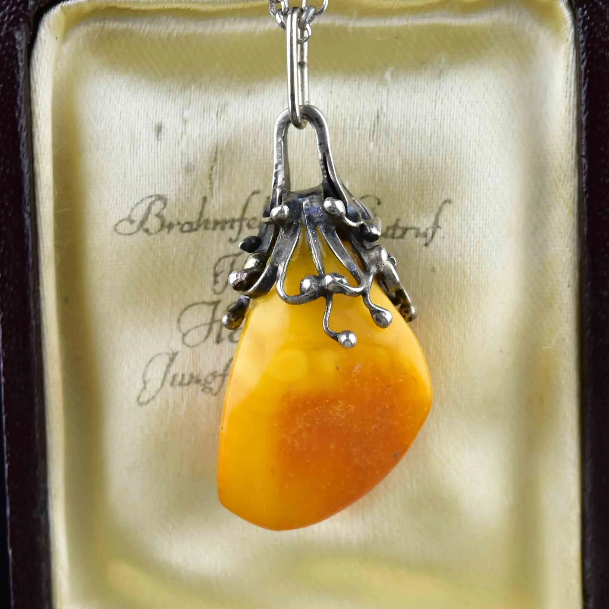 Vintage Silver Butterscotch Amber Pendant Necklace