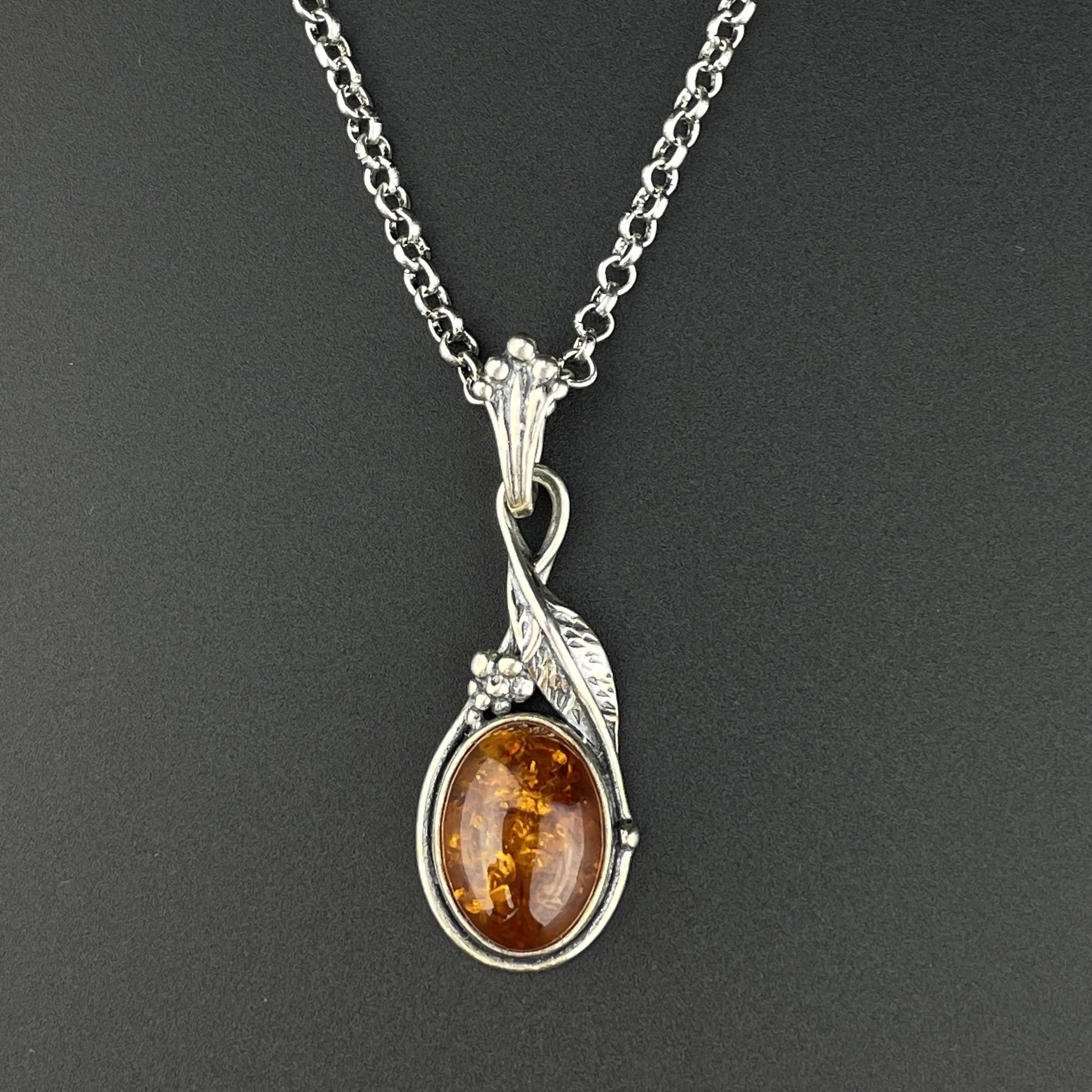 Vintage Silver Grape Cluster Amber Drop Pendant Necklace