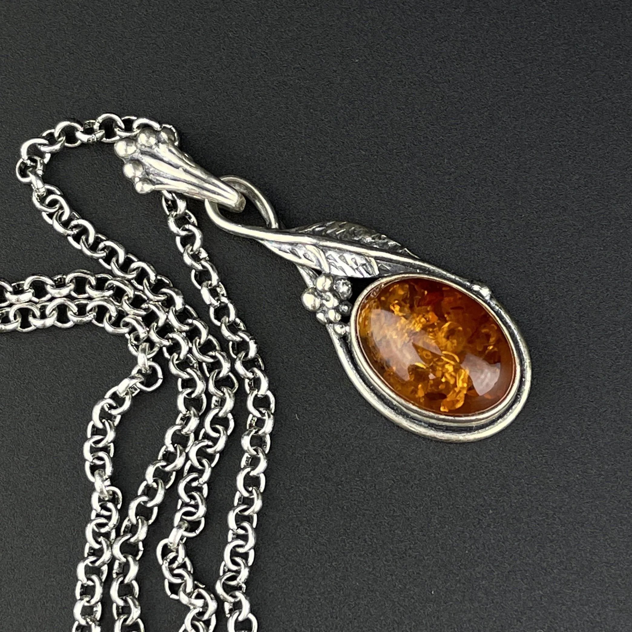 Vintage Silver Grape Cluster Amber Drop Pendant Necklace