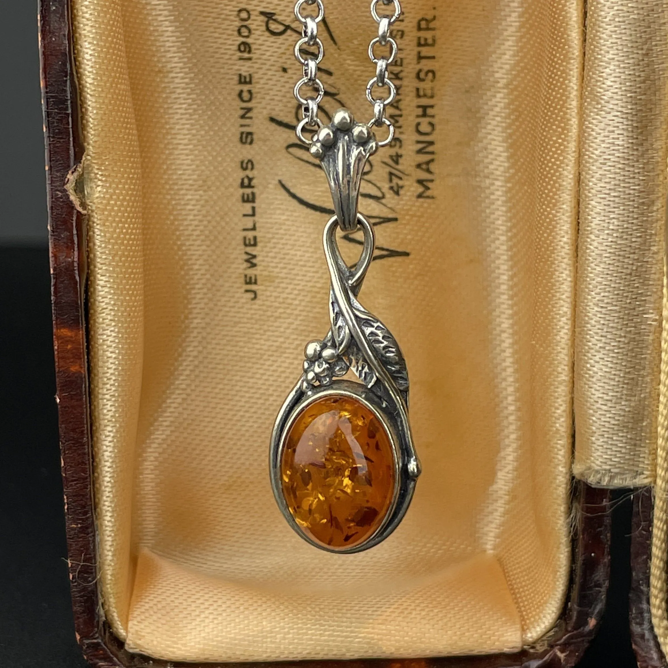 Vintage Silver Grape Cluster Amber Drop Pendant Necklace