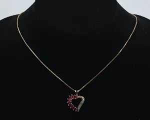 Vintage Synthetic Rubies and Diamond Gold Tone Sterling Silver Heart Pendant Chain Necklace - 18"