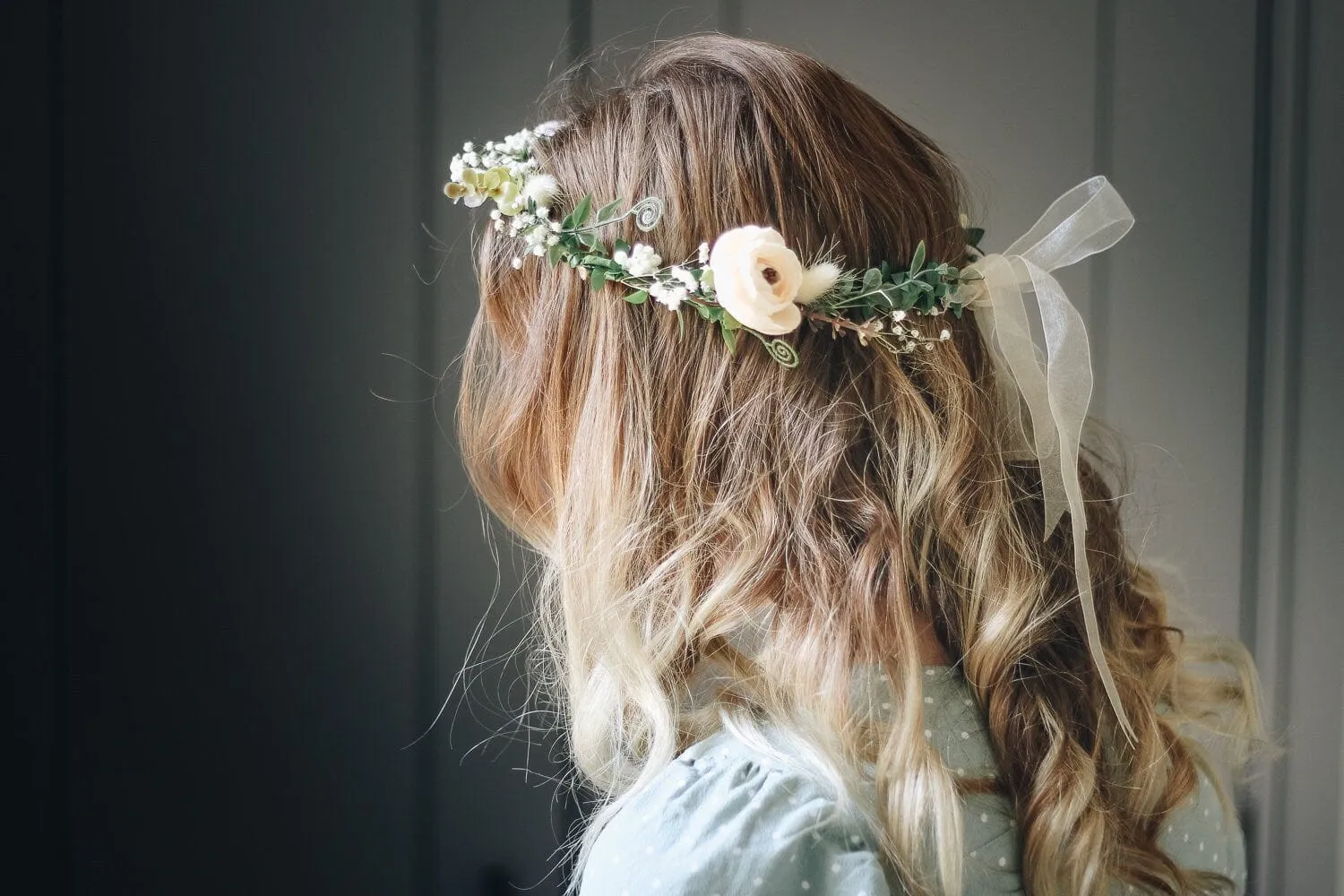 Whimsical Ivy Bridal Crown with Cream Peonies & Gypsohila (Baby's Breath) -Wedding Crown