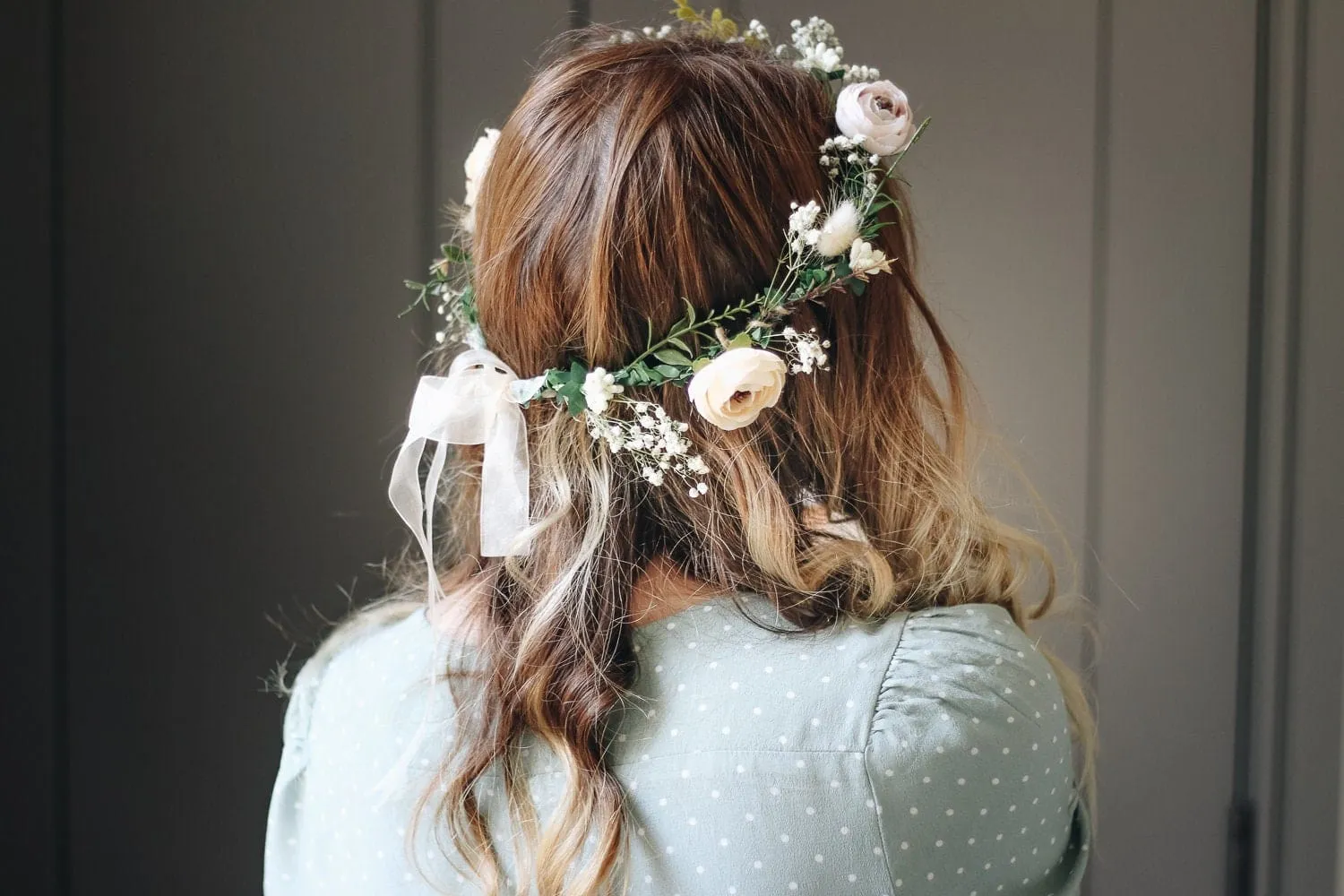 Whimsical Ivy Bridal Crown with Cream Peonies & Gypsohila (Baby's Breath) -Wedding Crown