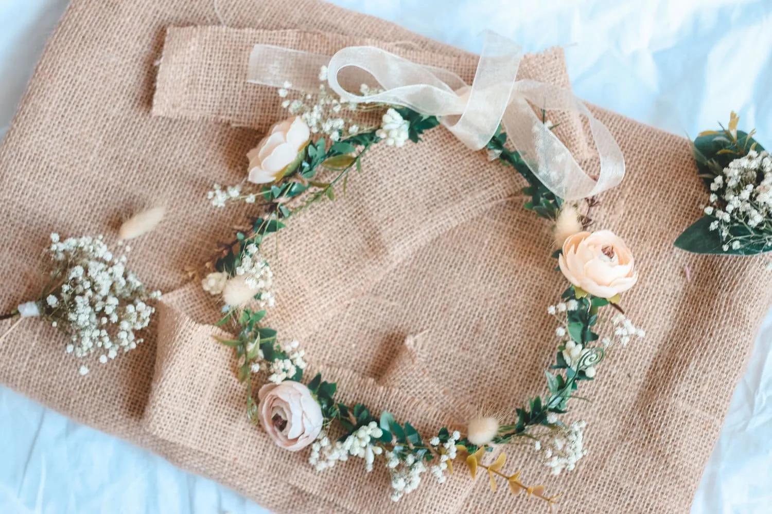 Whimsical Ivy Bridal Crown with Cream Peonies & Gypsohila (Baby's Breath) -Wedding Crown