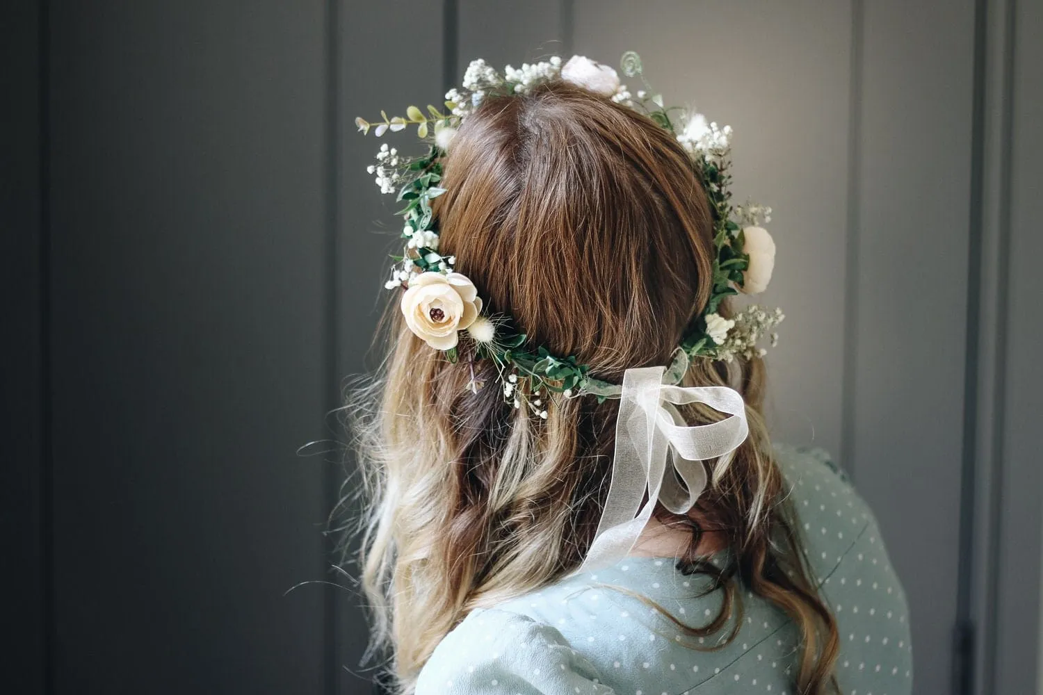 Whimsical Ivy Bridal Crown with Cream Peonies & Gypsohila (Baby's Breath) -Wedding Crown