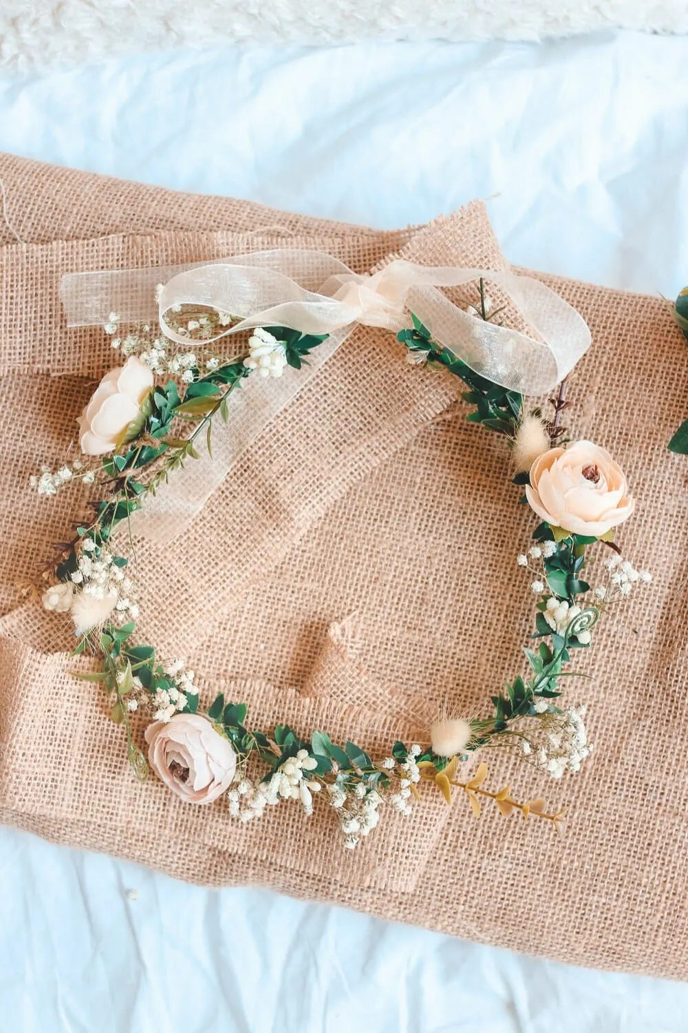 Whimsical Ivy Bridal Crown with Cream Peonies & Gypsohila (Baby's Breath) -Wedding Crown