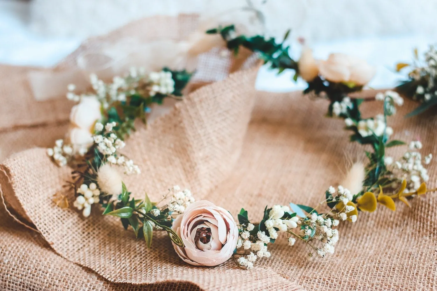 Whimsical Ivy Bridal Crown with Cream Peonies & Gypsohila (Baby's Breath) -Wedding Crown